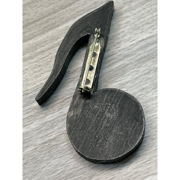 Music Eighth Note Brooch Pin Black Floral Vtg Hand Painted Wood 'Janet' - Picture 3 of 6